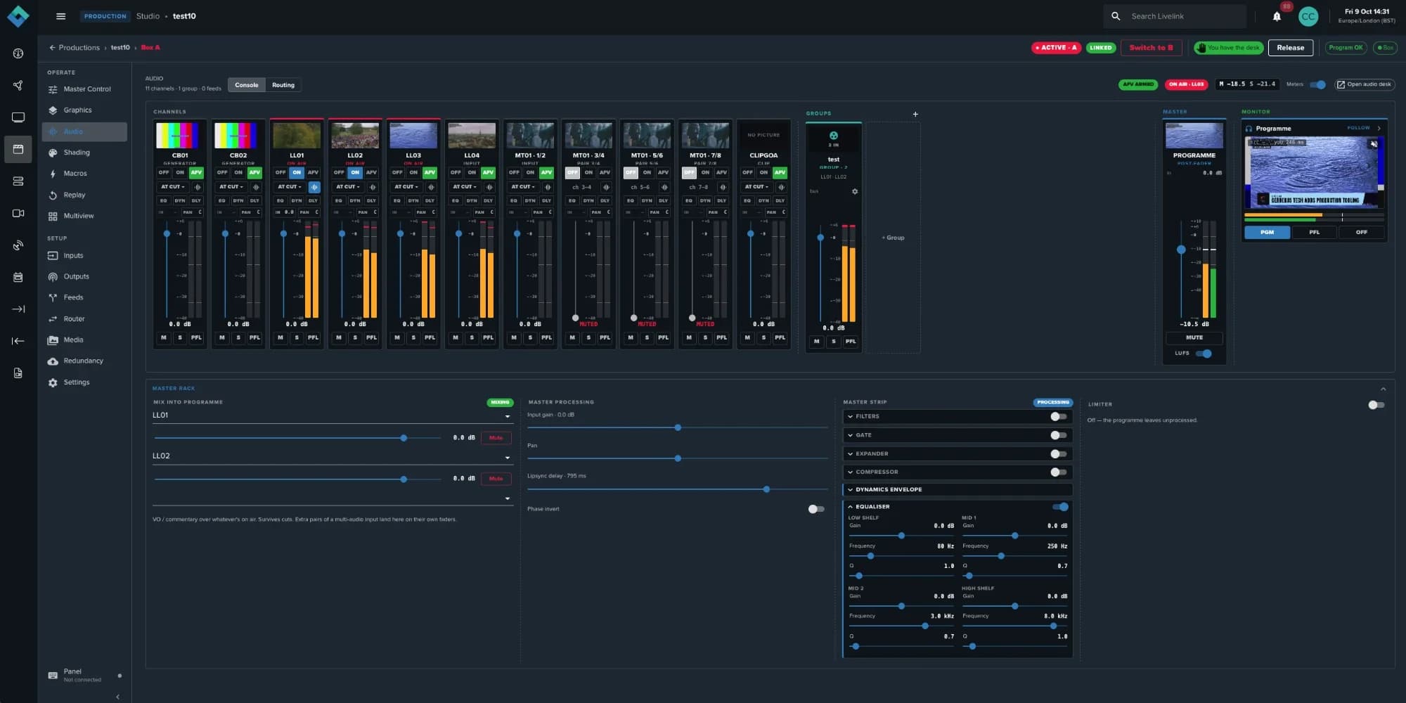 The Audio tab: channel strips with faders and meters, a group, the master strip and a monitor, above a master rack with an equaliser