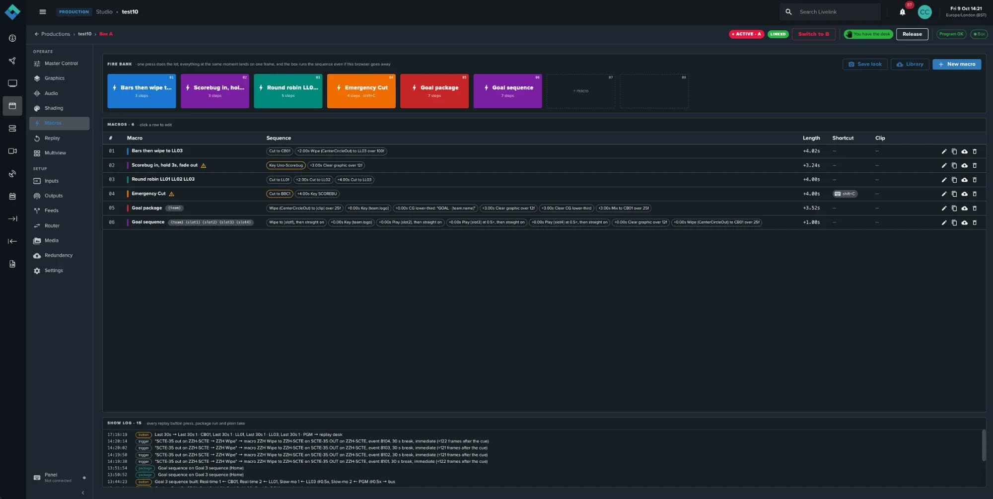 The Macros tab: a fire bank of coloured macro buttons, a list of macros with their step sequences and shortcuts, and the show log