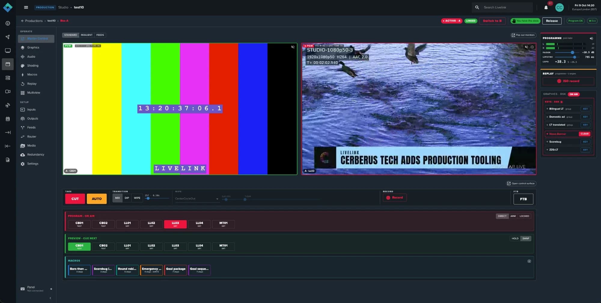 Livelink Studio Master Control: preview and programme monitors, CUT and AUTO, transitions, programme and preview buses, macros, audio and graphics keys