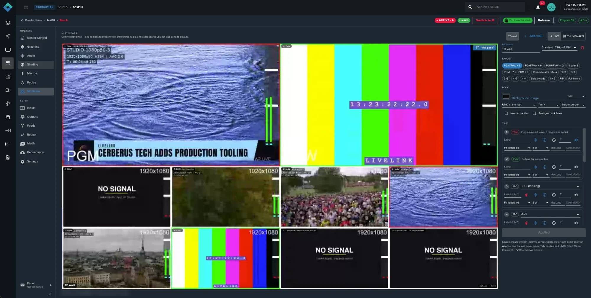 The Multiview tab: a programme and preview wall with eight more tiles, each with a label and audio meters, beside layout and tile settings
