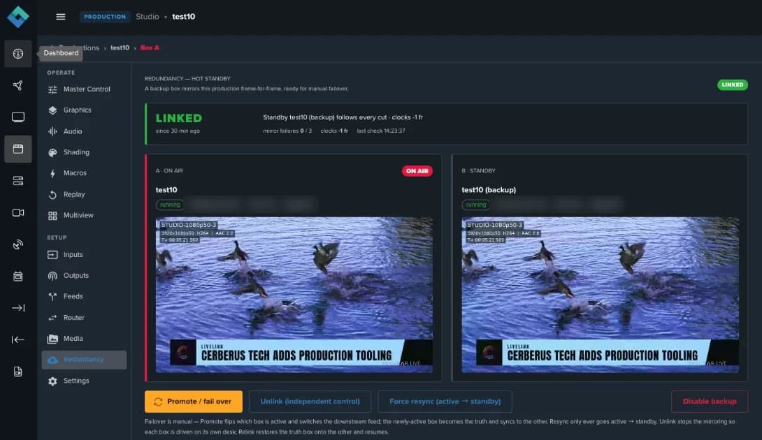 The Redundancy tab: engine A on air and engine B on standby showing the same picture, linked, with promote, unlink and resync controls