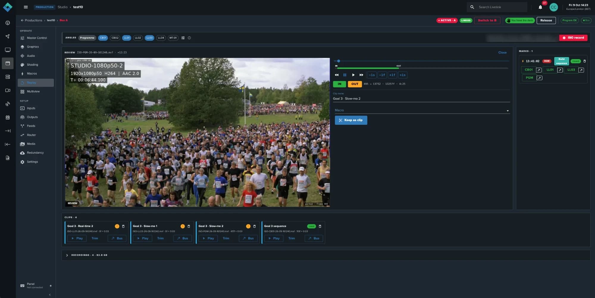 The Replay tab: camera angles, a review player with in and out points and speed controls, marks, and a row of clips ready to play or send
